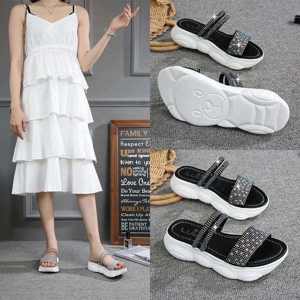 

slippers plus size rhinestone open toe wedges summer non-slip women muffins shoes comfy soft lazy slides brief flip flops 2-ways, Black