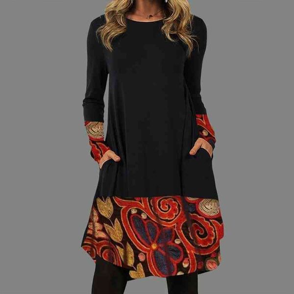 

vintage pattern print party casual women dresses loose a line irregular pullover ladies fashion pocket autumn dress, Black;gray