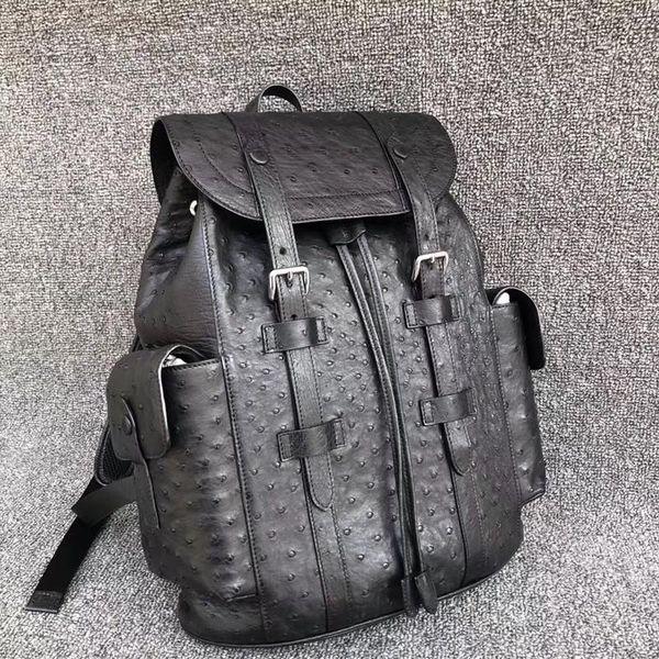 

backpack authentic exotic ostrich skin drawstring closure men's black travel genuine leather male large flap pockets bag pack