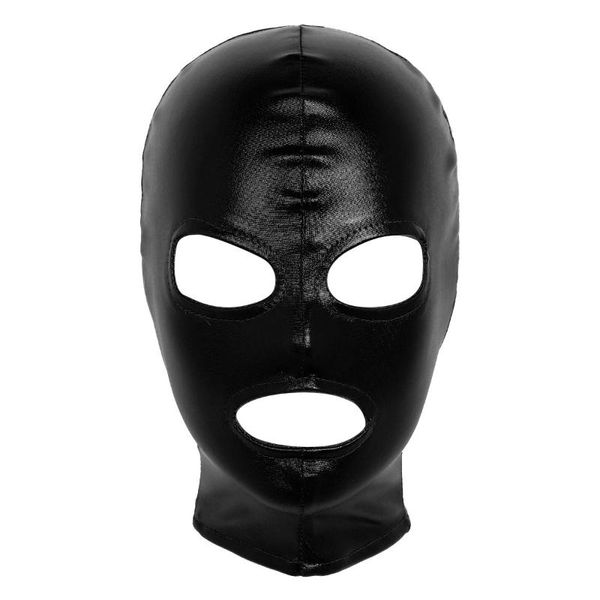 

fancy headgear men women latex shiny metallic open eyes mouth full face mask hood for role play costume outdoor hats, Black;white