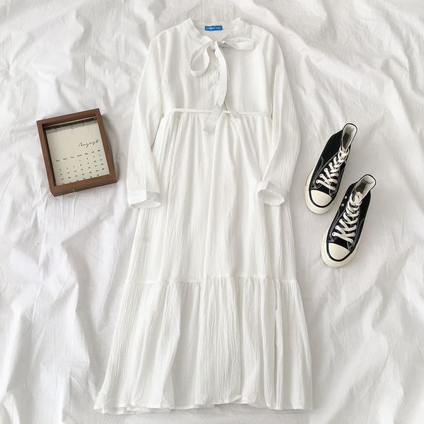 

casual dresses spring women's korean solid crepe chiffon long sleeve a-line loose calf dress with sashes yl7p, Black;gray