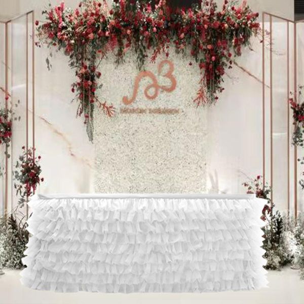 

table skirt wedding party solid color design with wooden ears multi-layer tulle pressing fitting reusable decoration