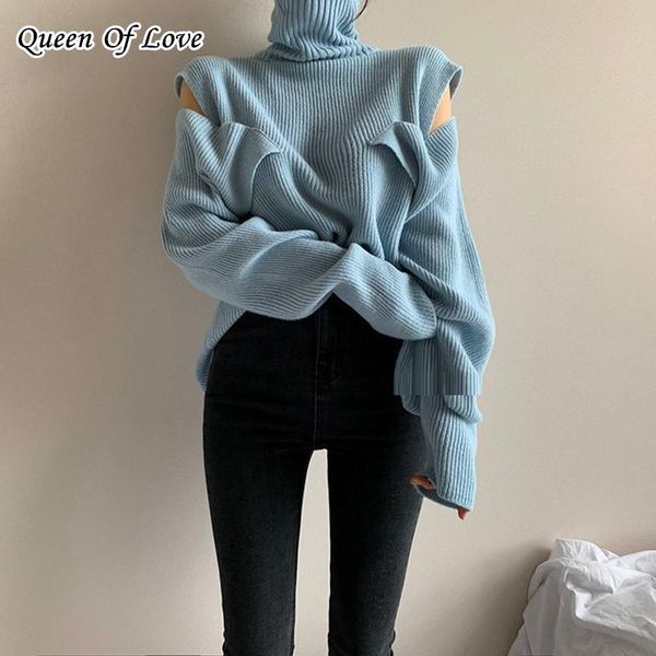 

women's sweaters runway knitted sweater women 2021 autumn winter korean style turtleneck long sleeve off shoulder pullover female jumpe, White;black