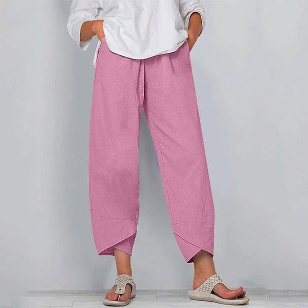 

women's pants & capris plus size women solid trousers summer harem casual elastic waist ankle length cotton linen pantalon female #py, Black;white