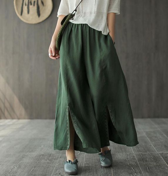 

women's pants & capris 2021 summer women elastic waist loose split the fork retro trousers casual ladies embroidery pocket all-match, Black;white