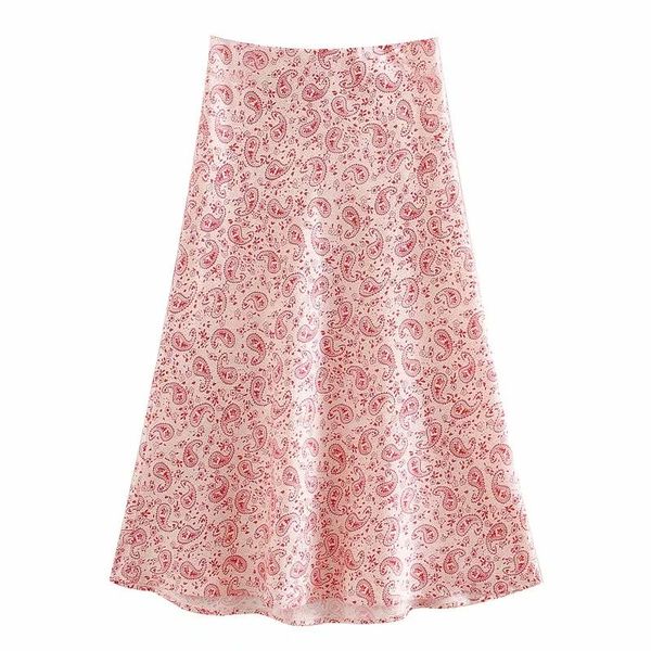 

skirts paisley printing satin elastic waist women midi skirt 2021 fashion casual lady slim a-line p1598, Black