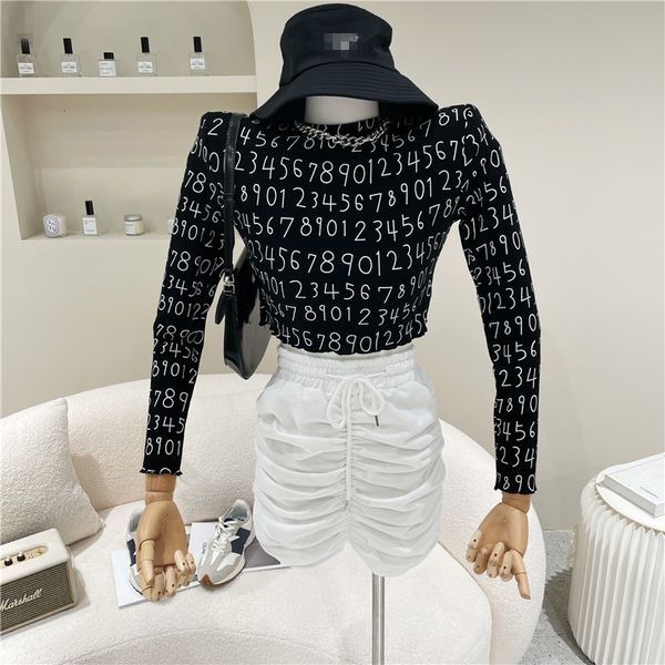 

female spring summer 2021 niche fashion design around the neck number printing sleeve shirt shoulder cushions temperament, White