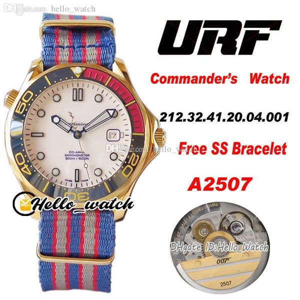 URF Taver 300M Commander 007 Mens Watch A2507 Automatal 212.62.41.20.04.001 Белый циферблат 18к золотой чехол нейлоновый ремешок керамика BEZEL (бесплатный браслет SS) 41 мм Hello_Watch