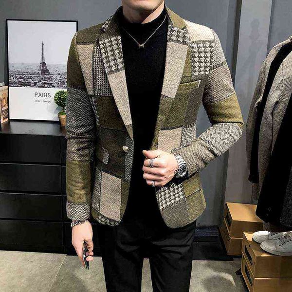 

men's winter fleece suit jacket high-quality self-cultivation warmth fashion casual men's clothing plaid mens blazer jacket 211111, White;black