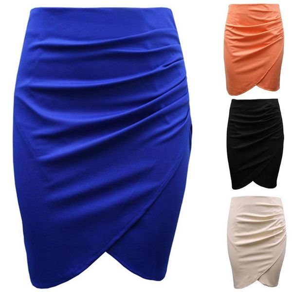 Saias s !!! Mulheres Sólida Cor Plissada Cruz Hem Slim Fit Bodycon Business Work Skirt