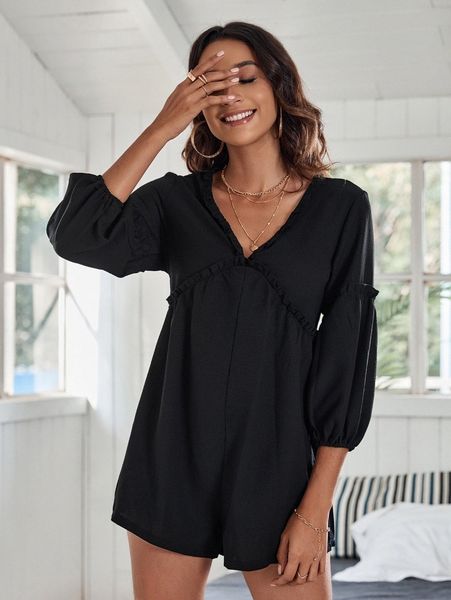 

frill trim tie back bishop sleeve romper k73f#, White