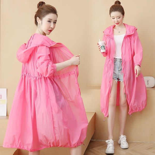 

spring and summerr women large size long sleeve hooded super fairy money loose coat sun protective clothing women's trench coats, Tan;black