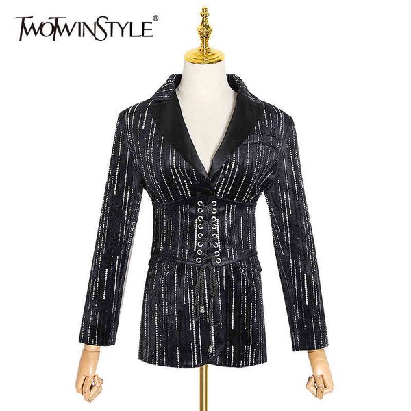

striped tunic blazer for women notched long sleeve high waist large size casual jackets fall fashion 210524, White;black