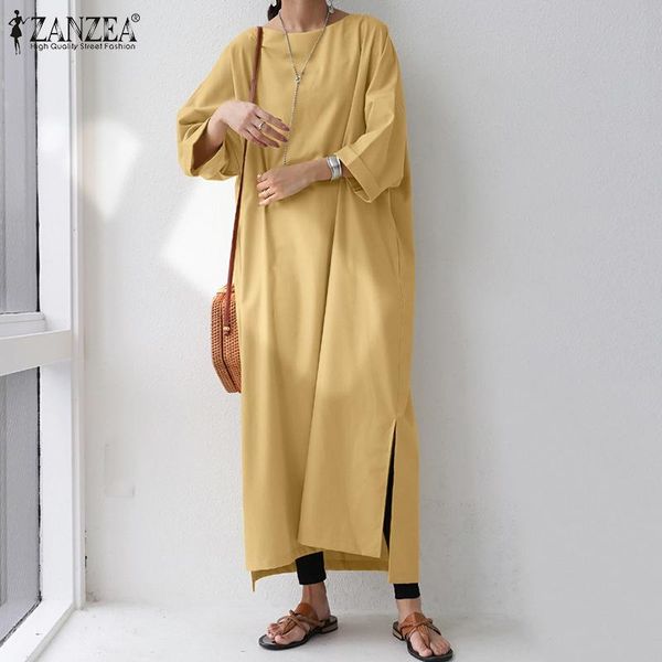 

casual dresses women solid long maxi dress zanzea elegant 3/4 sleeve loose sundress back button robe autumn side split vocation kaftan overs, Black;gray