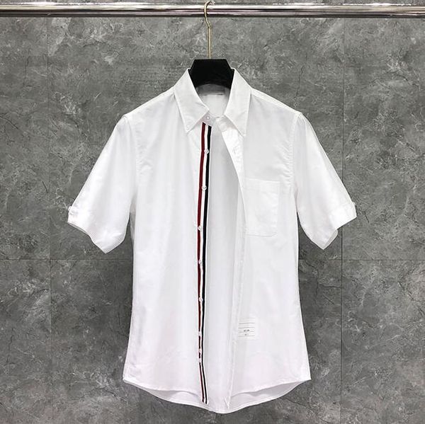 

men's casual shirts 2021 fashion brand men slim white short sleeve shirt oxford middle striped cotton solid clothing, White;black