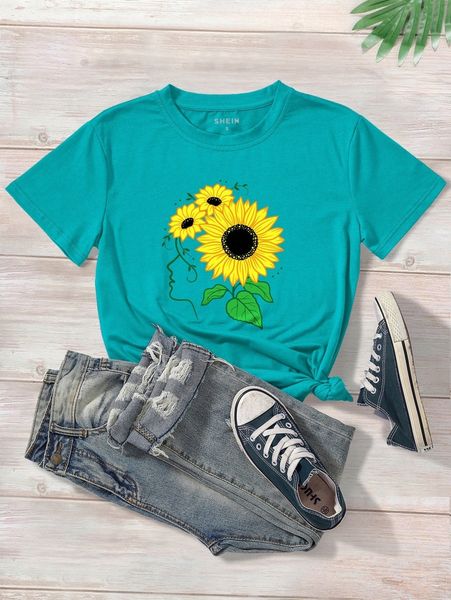 

sunflower print crew neck tee a36y#, White