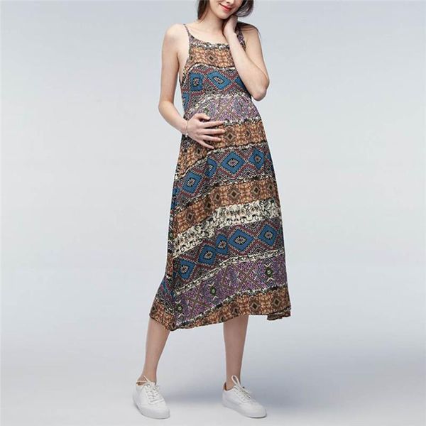 

maternity dresses clothes 2021 summer women's print off shoulder blackless sleeveless long vest dress #3a26, White