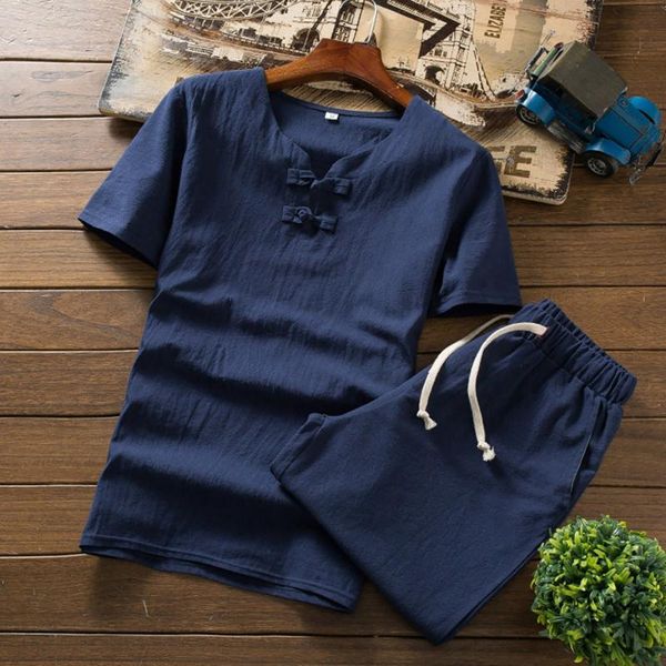 

men's tracksuits men sets solid leisure short sleeve o neck shirts elastic waist pants retro vintage streetwear casual suits 2 pieces, Gray