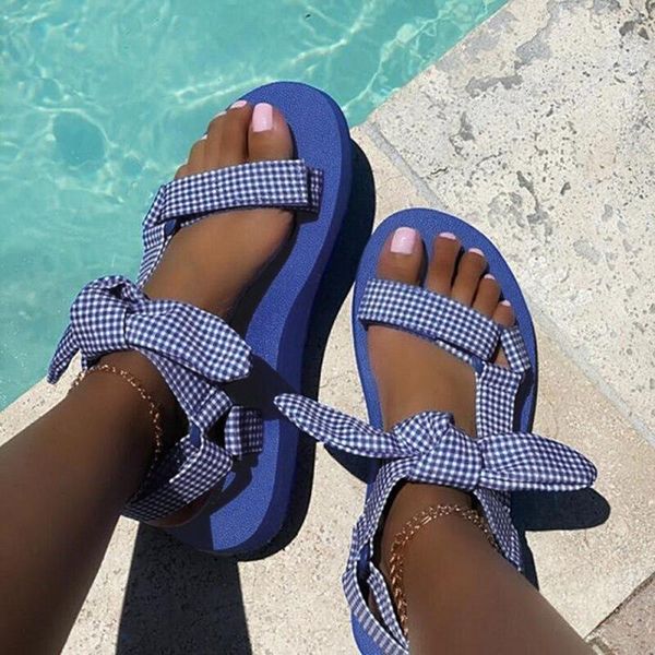 

sandals plaid bowknot beach woman tie design hook loop casual women flat comfortable gingham open toe shoes, Black