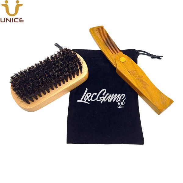 MOQ 50 set Personalizza LOGO Pettini per barba pieghevoli premium e kit di spazzole Set con custodia in velluto personalizzata Setole di cinghiale in legno di sandalo Geltleman Fornitura Amazon in Cina