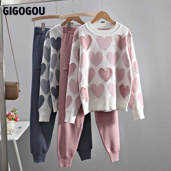 

gigogou women sweater 2 piece sets chic knit embroidery bead heartshape pullovers + spring harem pants sport tracksuits 210930, White