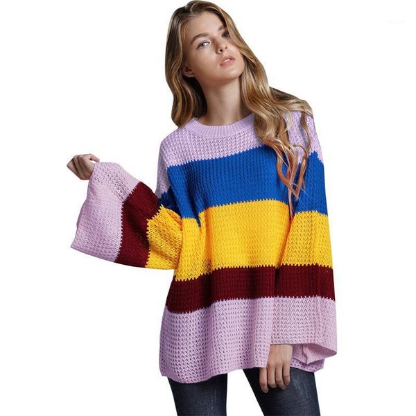 

women's sweaters women loose striped knit pullover sweater rainbow contrast color stripes jumper bell long sleeve o neck knitted winter, White;black