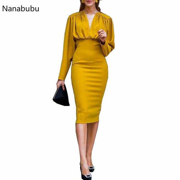 

casual dresses nanabubu women long sleeve pencil dress 2021 womens ol elegant bodycon bandage party knee length plus size vestido, Black;gray