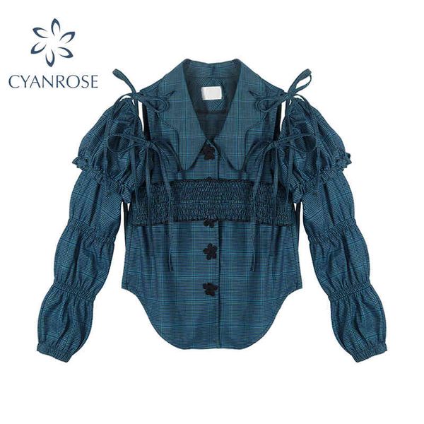 

high waist strap folds long sleeve plaid women blouse summer streetwear casual shoulder hollow out bandage female shirts 210417, White