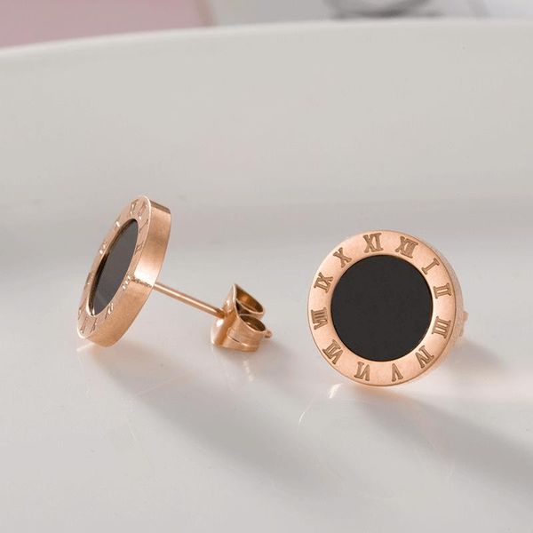 

fashion round anti-allergy titanium steel roman numeral stud earrings for women men crystal stainless jewelry, Golden;silver