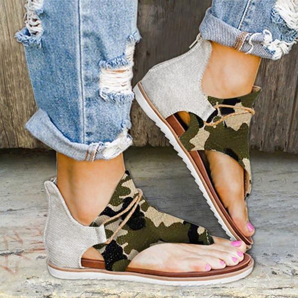 

sandals ladies retro flat bottom tassel hollow toe women's casual camouflage flip flops comfy women zipper shoes c2, Black