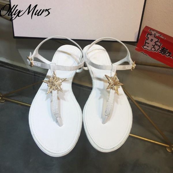 

ollymurs spring summer genuine leather bling star sandals t stap flats shoes women, Black