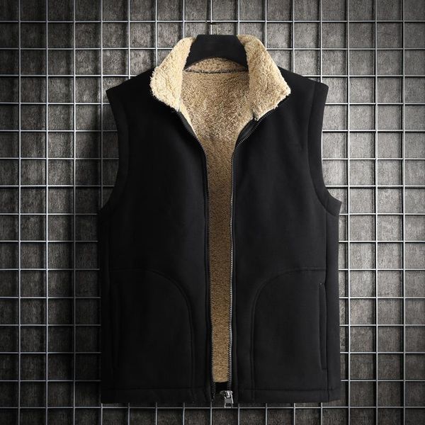 

men's vests autumn winter plus velvet vest coat solid color lamb fleece waistcoat large size thick warm soft fashion male, Black;white