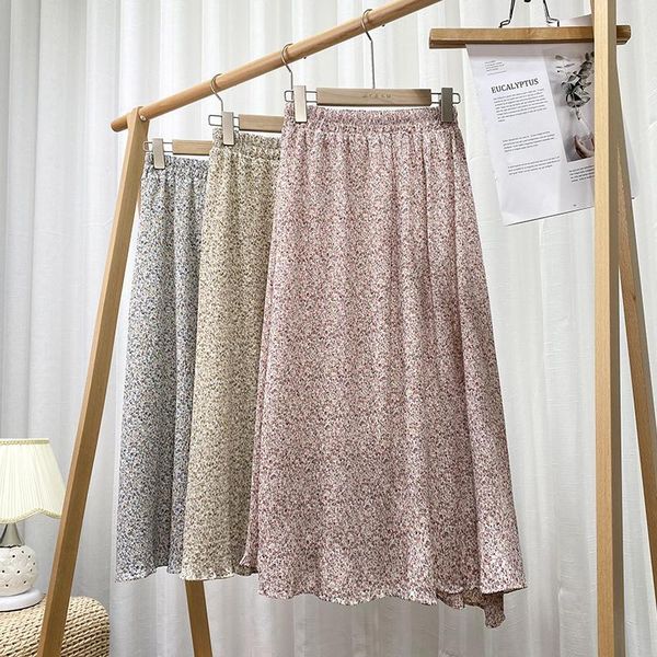 

floral print pleated skirt mujer faldas 2021 summer elastic high waist midi skirts, Black