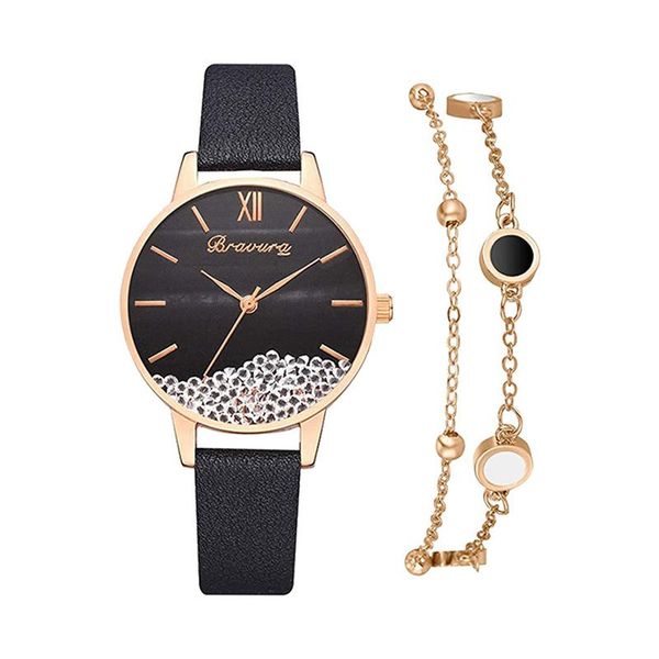 

women watch set quartz wristwatch 2021 ladies leather bracelet luxury casual gift for girlfriend wristwatches, Slivery;brown