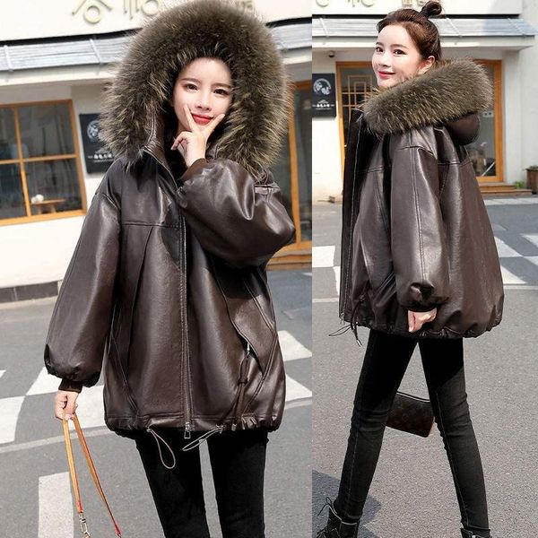 

women's leather & faux 2021 winter parkas warm cotton padded coat hooded loose women large size jacket thick quilted wadded pu jackets, Black