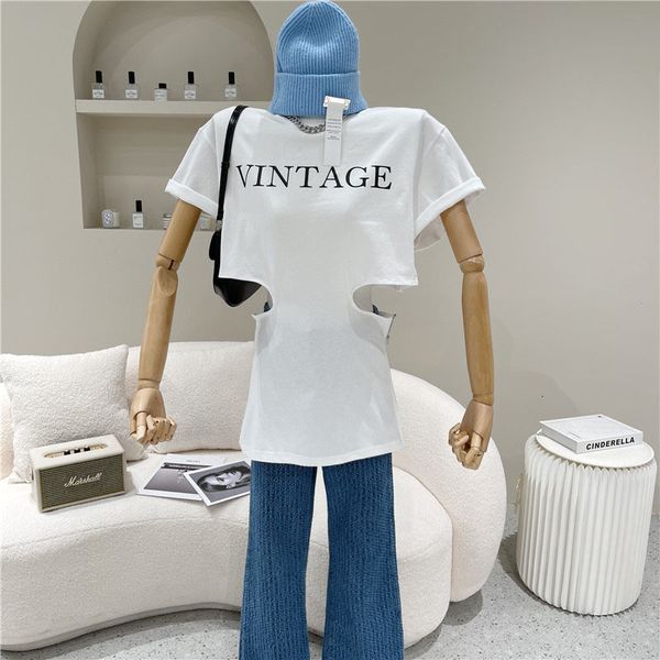 

spring female t-shirt summer 2021 fashion design erratic personality hole, White