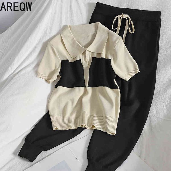 

spring wear contrast double-pocket lapel short-sleeved t-shirt lace-up leg harlan pants knitted two-piece women 210507, White