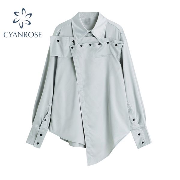 

irregular streetwear women blouse turn down collar oversize long sleeve shirts summer fashion casual female 210430, White