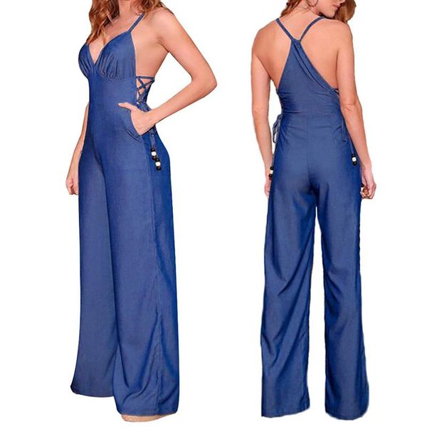 

women's jumpsuits & rompers women strap backless bandage denim deep v jumpsuit ladies hollow out wide leg pants party mono de lentejuel, Black;white