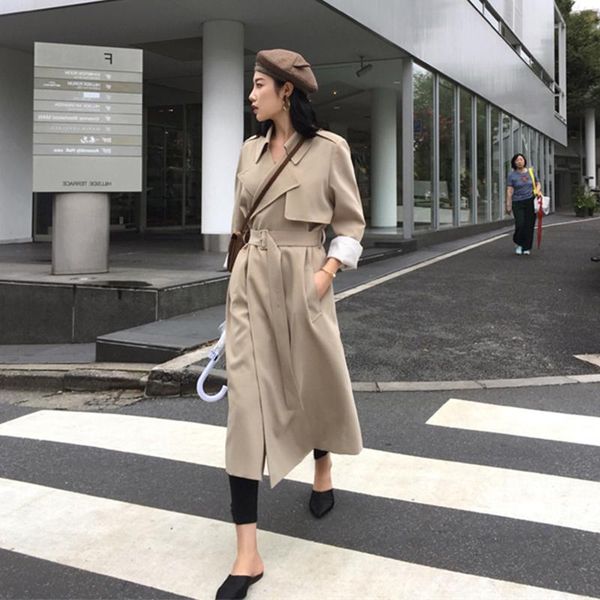 

women's trench coats spring women coat high street female clothes slim outerwear woman office lady long windbreaker with belt ka1096, Tan;black
