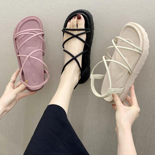 

sandals 2021 women's flat gladiator open toe anti slip soft casual roman thick soled beach shoes, Black