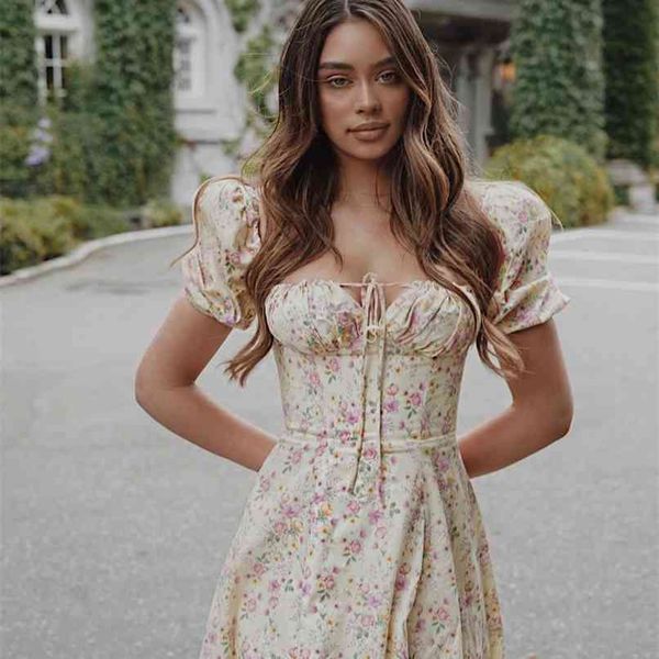 

french style elegant flower printed summer tea dresses for women short sleeve square collar midi 210525, Black;gray