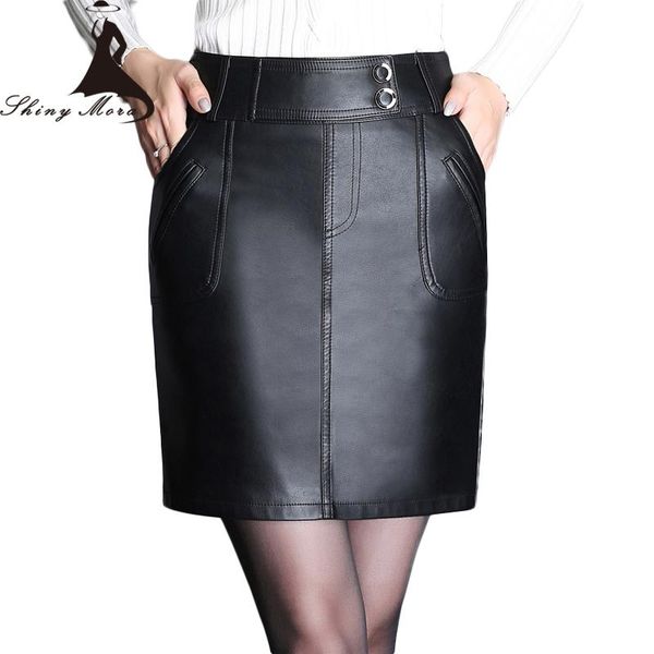 

skirts shinymora 2021 fashion pu pencil for women mid waist mini leather shorts with pocket female s-5xl, Black