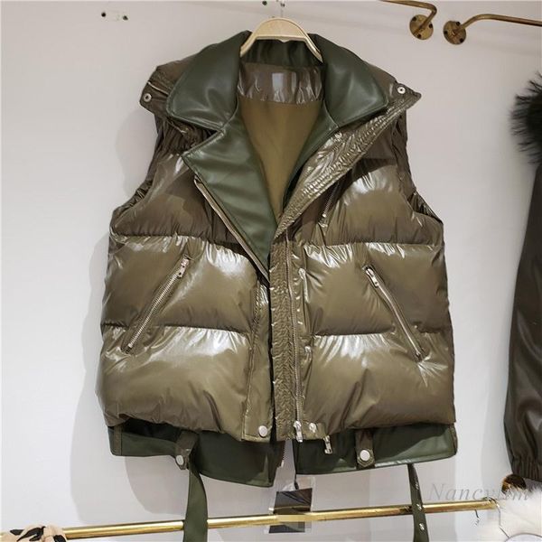 

women's vests warm vest women 2021 autumn and winter korean style false two-piece cotton waistcoat fashion pu leather patch coats, Black;white