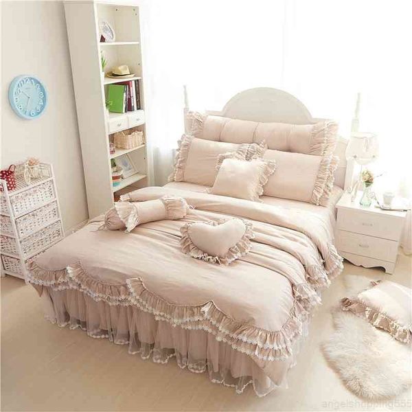 

ruffles lace luxury bedding sets 100% cotton full  king size princess bed set 4/7pcs duvet cover+bedskirt+pillowcases