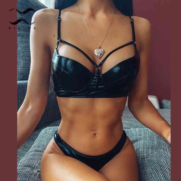 Solid Black Bikini Push Up Купальники Женщины 2020 Кожаный Купальник Женский Высокий Режущий Купальник Купальники Купальщики Пустые Увелые Кольцо Бикини Новый X0522