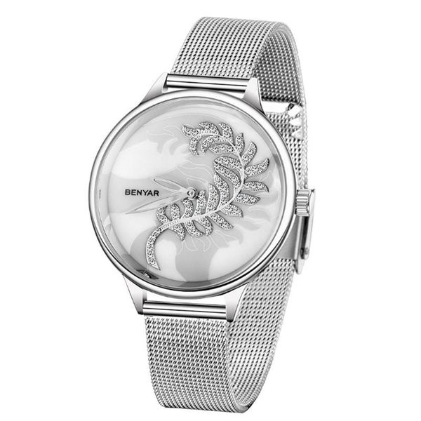 

wristwatches elegant female pearl dial flower women watch quartz movement dress ladies 3 bar waterproof benyar a532, Slivery;brown
