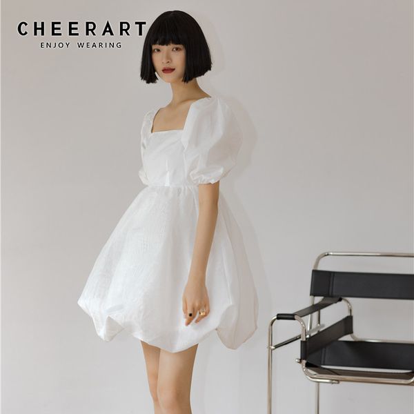 Weißes Sommerkleid mit Puffärmeln, flauschig, kurz, quadratischer Hals, Bandage, rückenfrei, Mini, lässig, Designer-Mode 210427