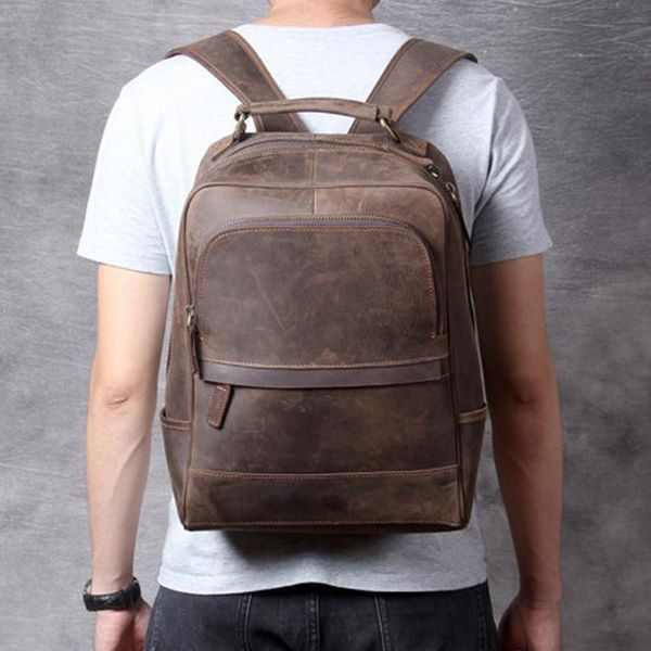 

vintage mad horse leather shoulder bag, men's leather backpack, high capacity computer bag