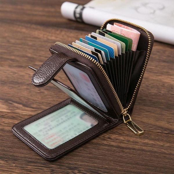 

card holders leather case wallet box bag lady multi-function anti-theft driver's license double layer coin purse, Brown;gray